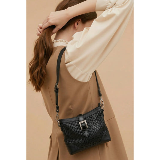 Brighton Black Woven Leather Crossbody Bag Buckle Detail Designer Shoulder Purse