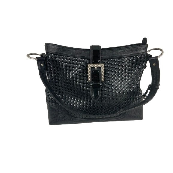 Brighton Black Woven Leather Crossbody Bag Buckle Detail Designer Shoulder Purse