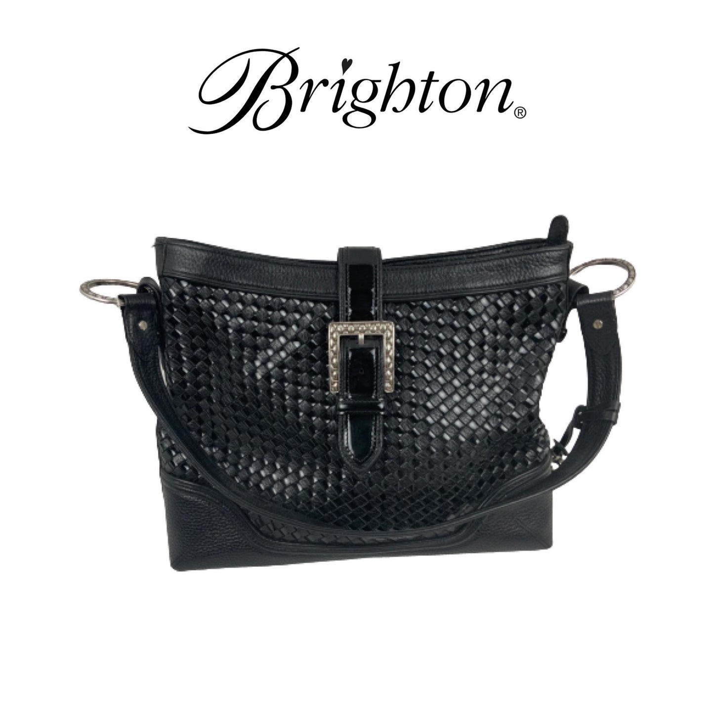 Brighton Black Woven Leather Crossbody Bag Buckle Detail Designer Shoulder Purse