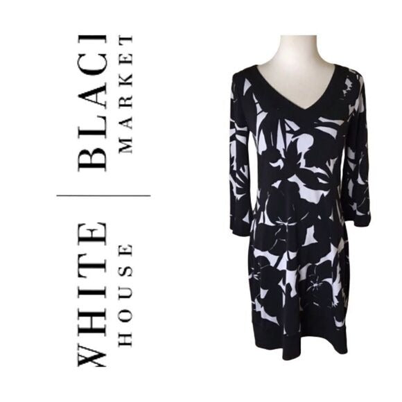 White House Black Market Black & White Floral V-Neck Dress  SZ S