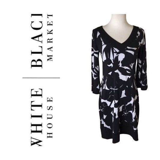 White House Black Market Black & White Floral V-Neck Dress  SZ S
