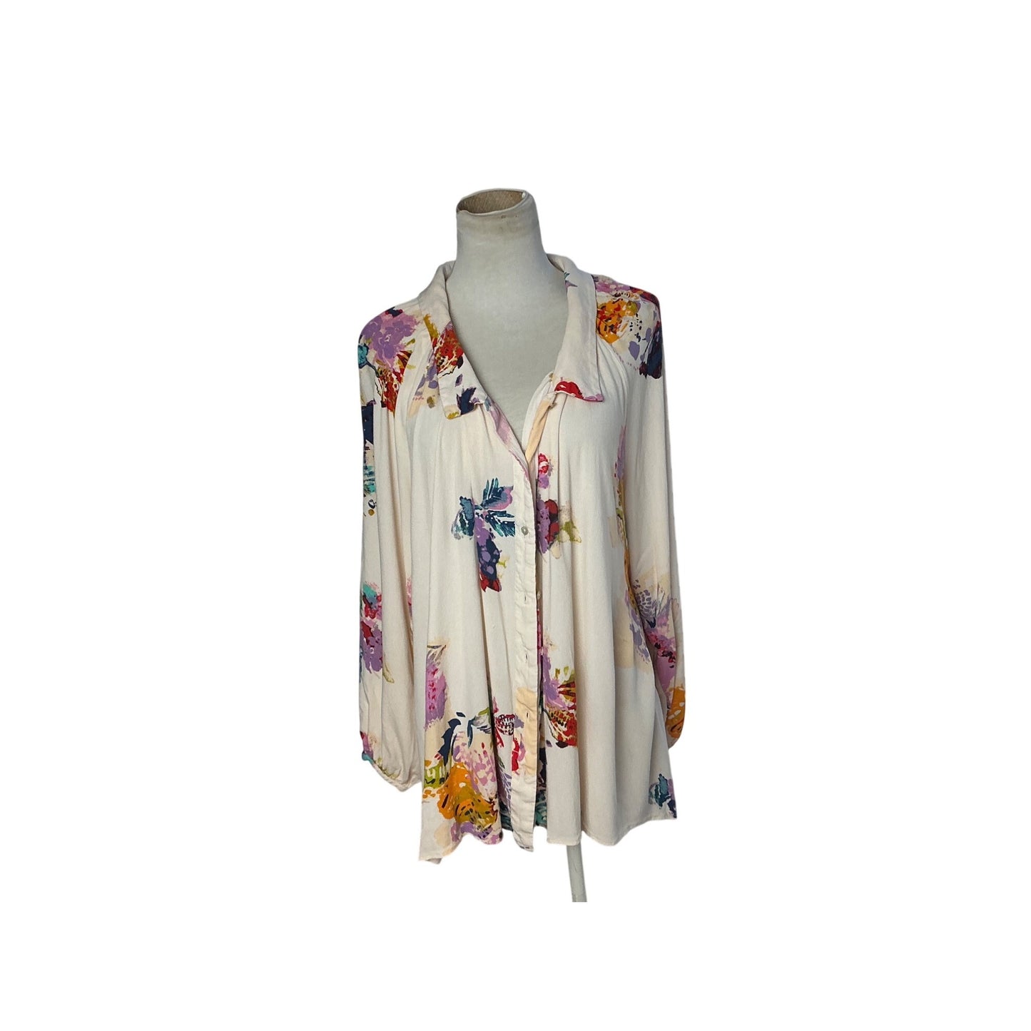 Free People Floral Oversized Boho Tunic Shirt Ivory Sz S