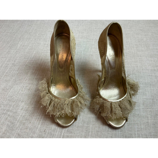 Vintage Sergio Rossi Gold Lace Ruffle Peep Toe Heels Made in Italy Women’s Size 39/8.5