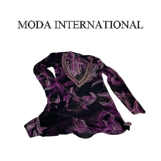 Moda International Purple Botanical Print Top | Long Sleeve | Size XS