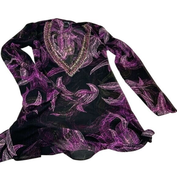 Moda International Purple Botanical Print Top | Long Sleeve | Size XS