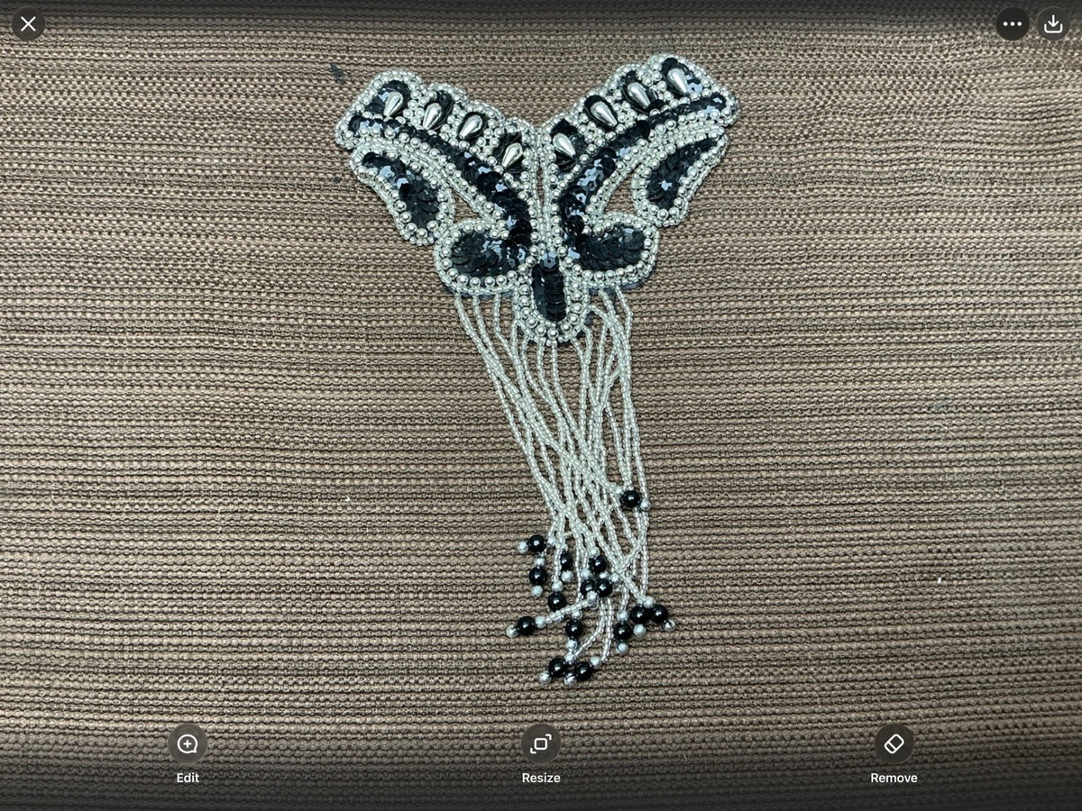 Black Silver & Pearl Butterfly Fringe Appliqué