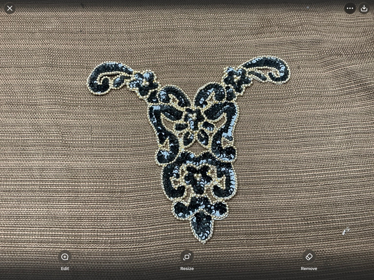 Black & Gold Beaded Scroll Appliqué