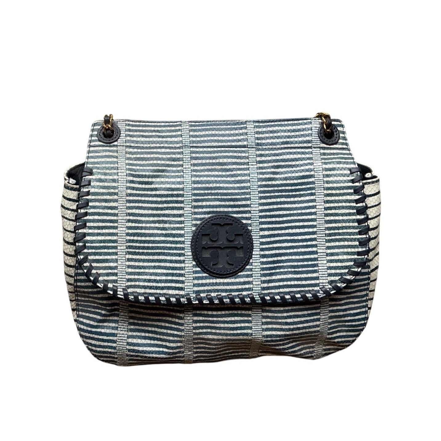 Tory Burch Blue White Striped Canvas Flap Crossbody Bag Leather Trim