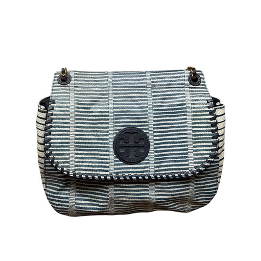 Tory Burch Blue White Striped Canvas Flap Crossbody Bag Leather Trim