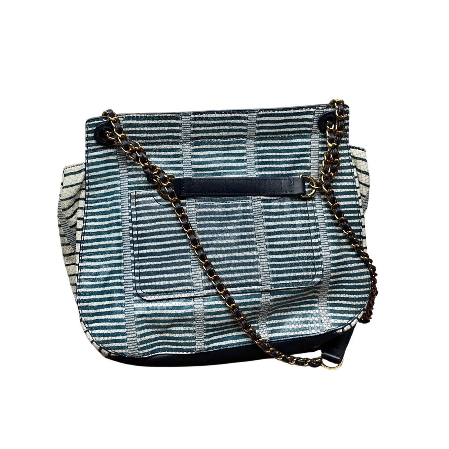 Tory Burch Blue White Striped Canvas Flap Crossbody Bag Leather Trim