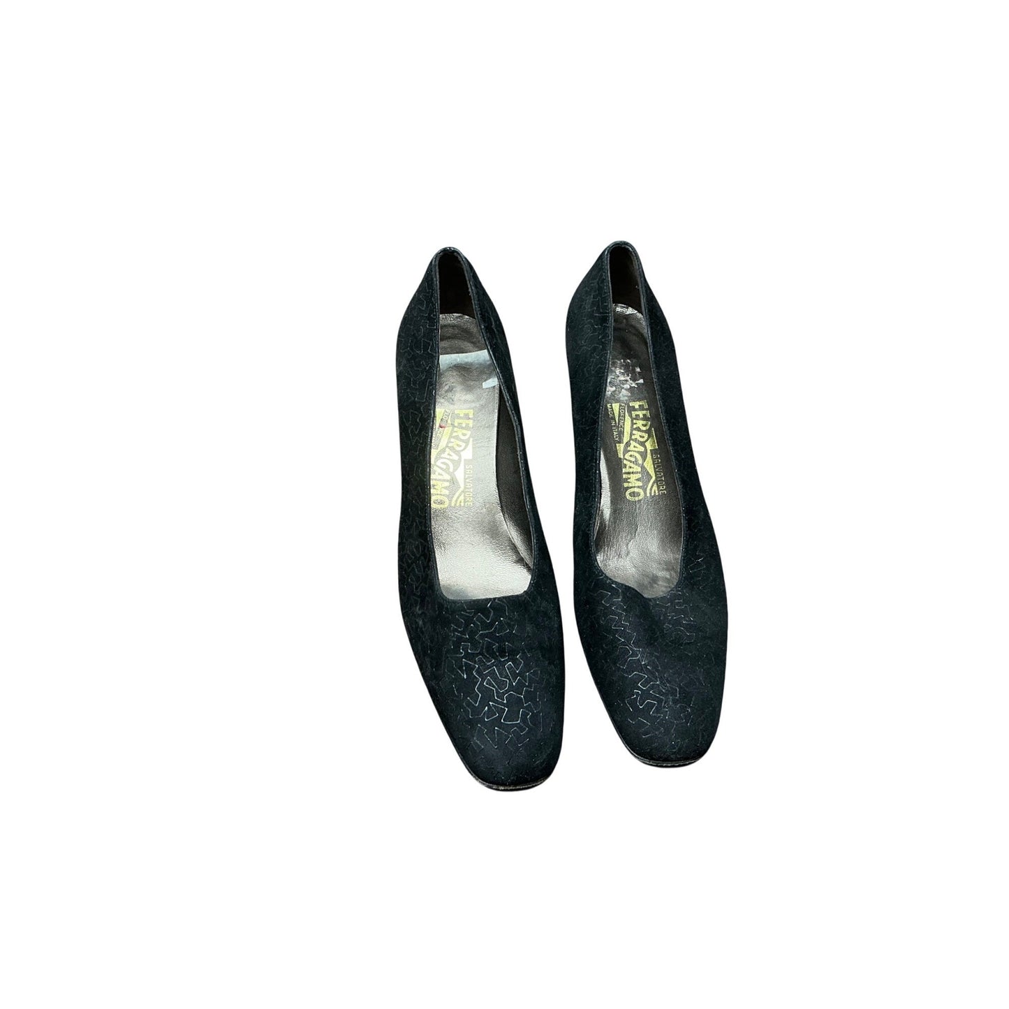Salvatore Ferragamo Black Leather Pumps Subtle Pattern Square Toe Womens Size 9AA Made in Italy