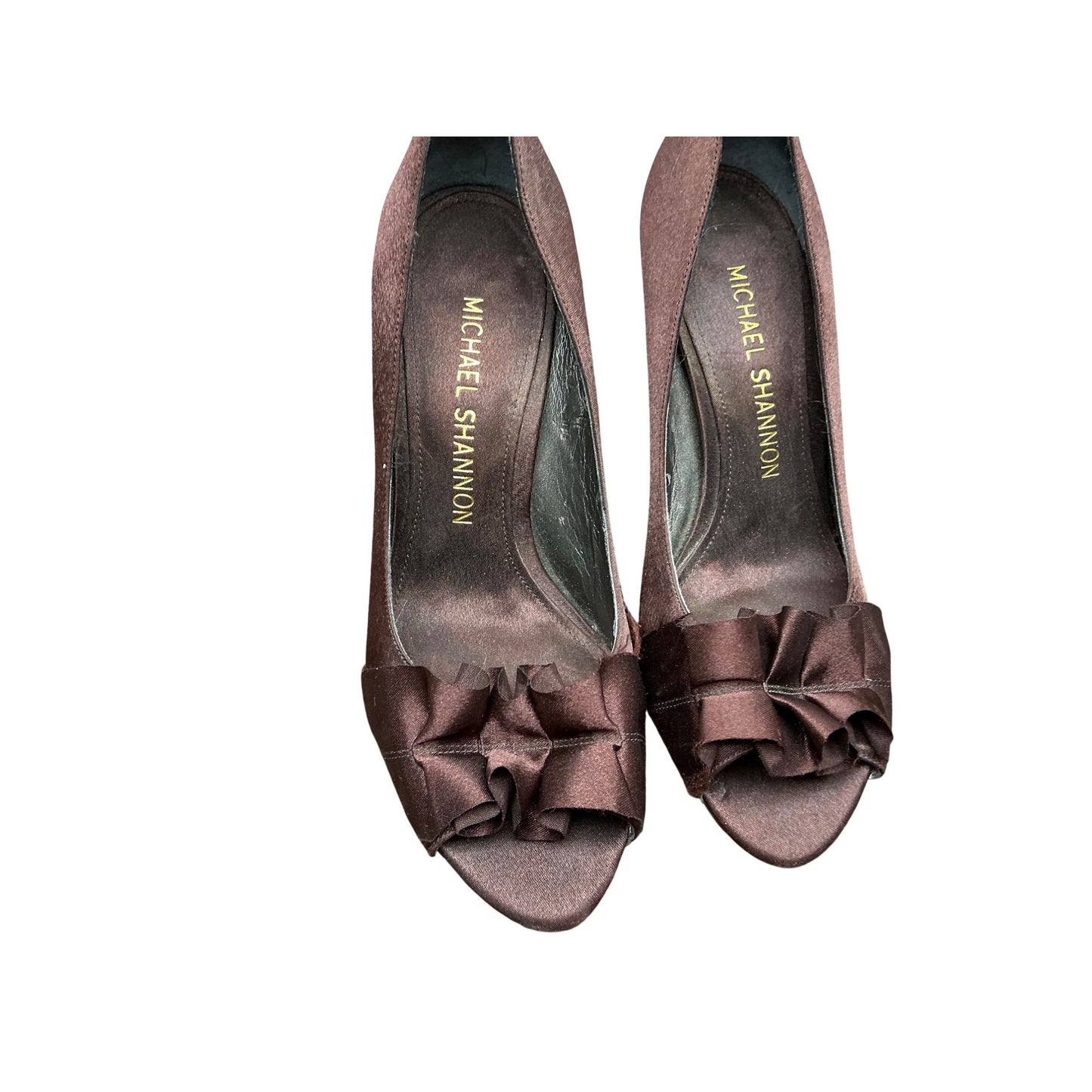 Michael Shannon Brown Satin Bow Peep Toe Heel Dress Shoes Size 6