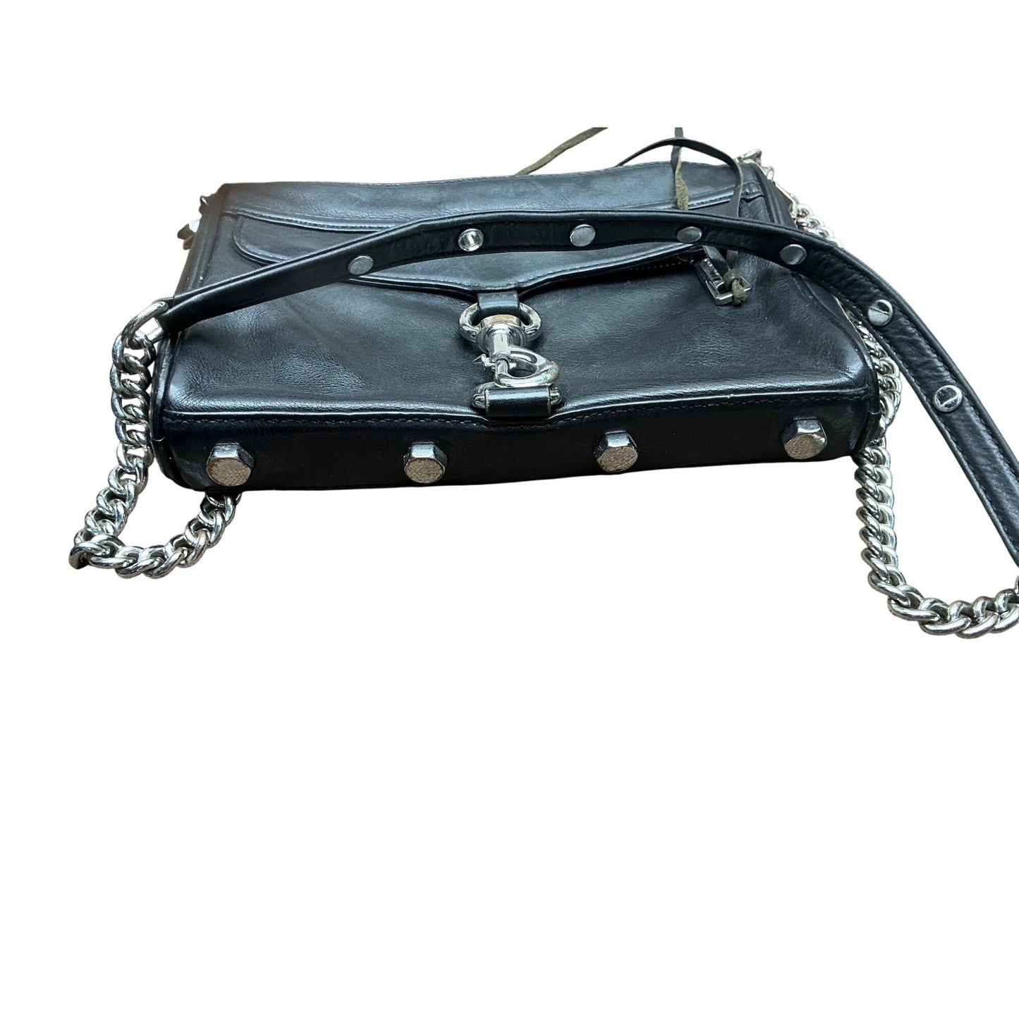 Rebecca Minkoff Black Leather Crossbody Bag Silver Chain Strap Front Clip Pocket