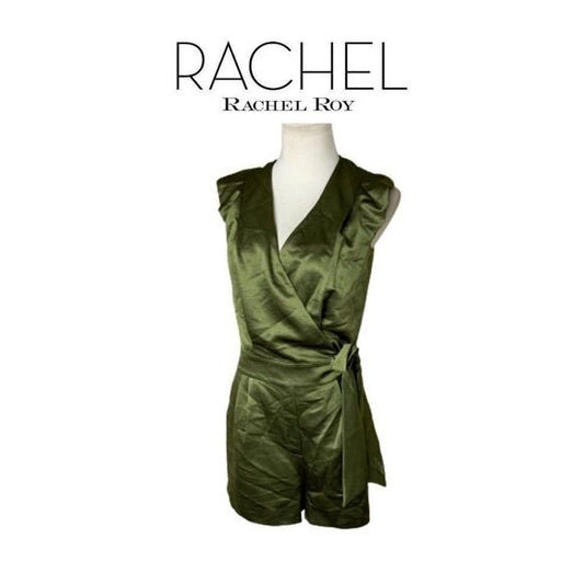 Rachel Rachel Roy Olive Green Satin Wrap Romper Chic Sz 6