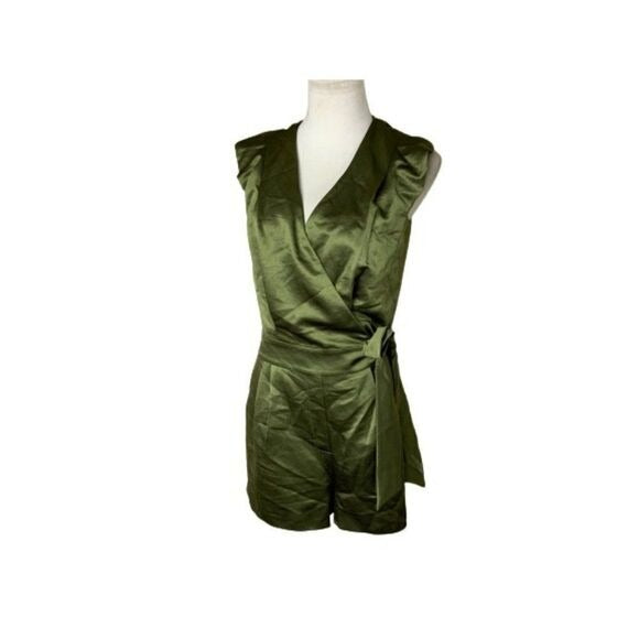 Rachel Rachel Roy Olive Green Satin Wrap Romper Chic Sz 6