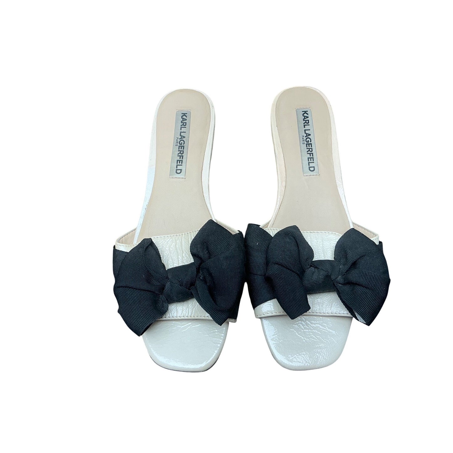 Karl Lagerfeld White Slide Sandals Black Bow Leather Slip On Designer Slides  Sz 6.5/7