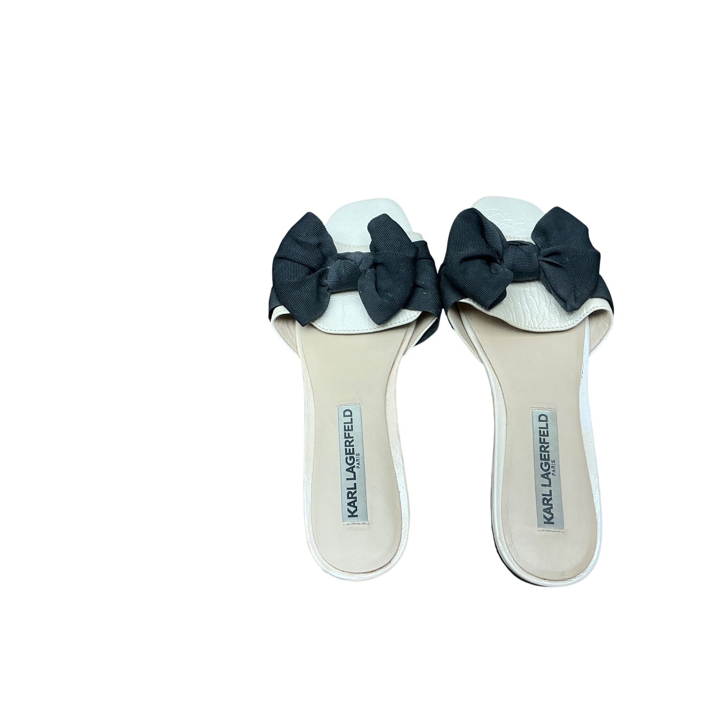 Karl Lagerfeld White Slide Sandals Black Bow Leather Slip On Designer Slides  Sz 6.5/7