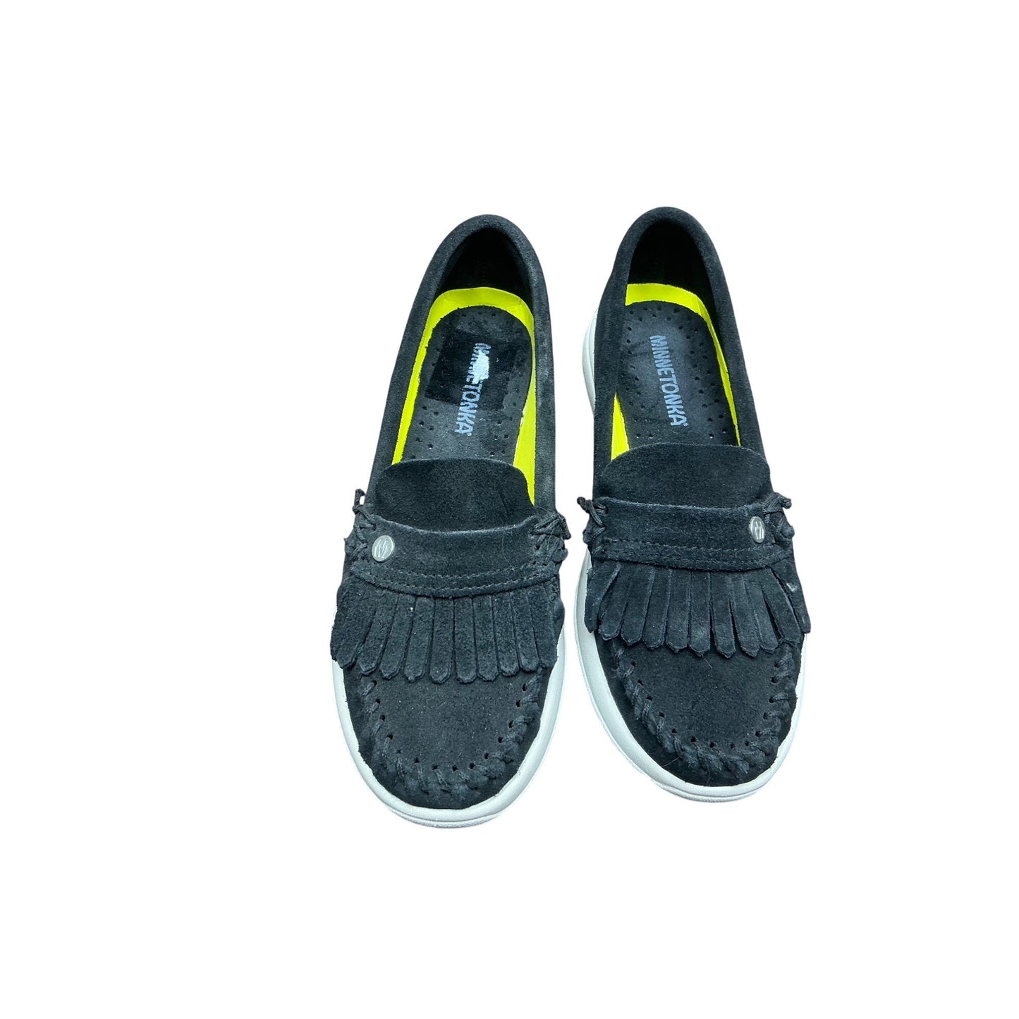 Minnetonka Women’s Black Suede Fringe Moccasin Loafers Slip On SZ 7
