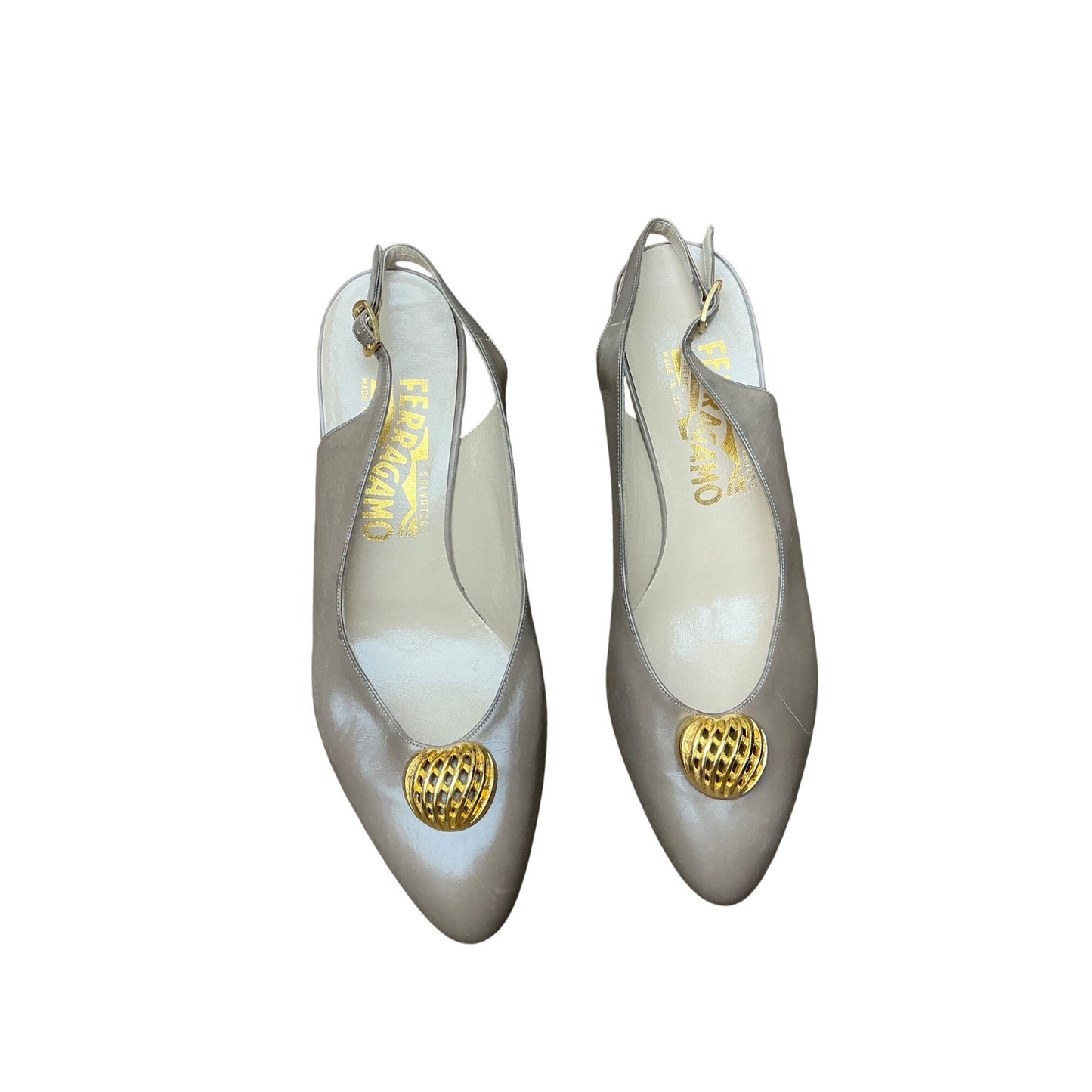 Salvatore Ferragamo Taupe Leather Slingback Heels Gold Medallion Pointed Toe  Z 6.5 B NWOT