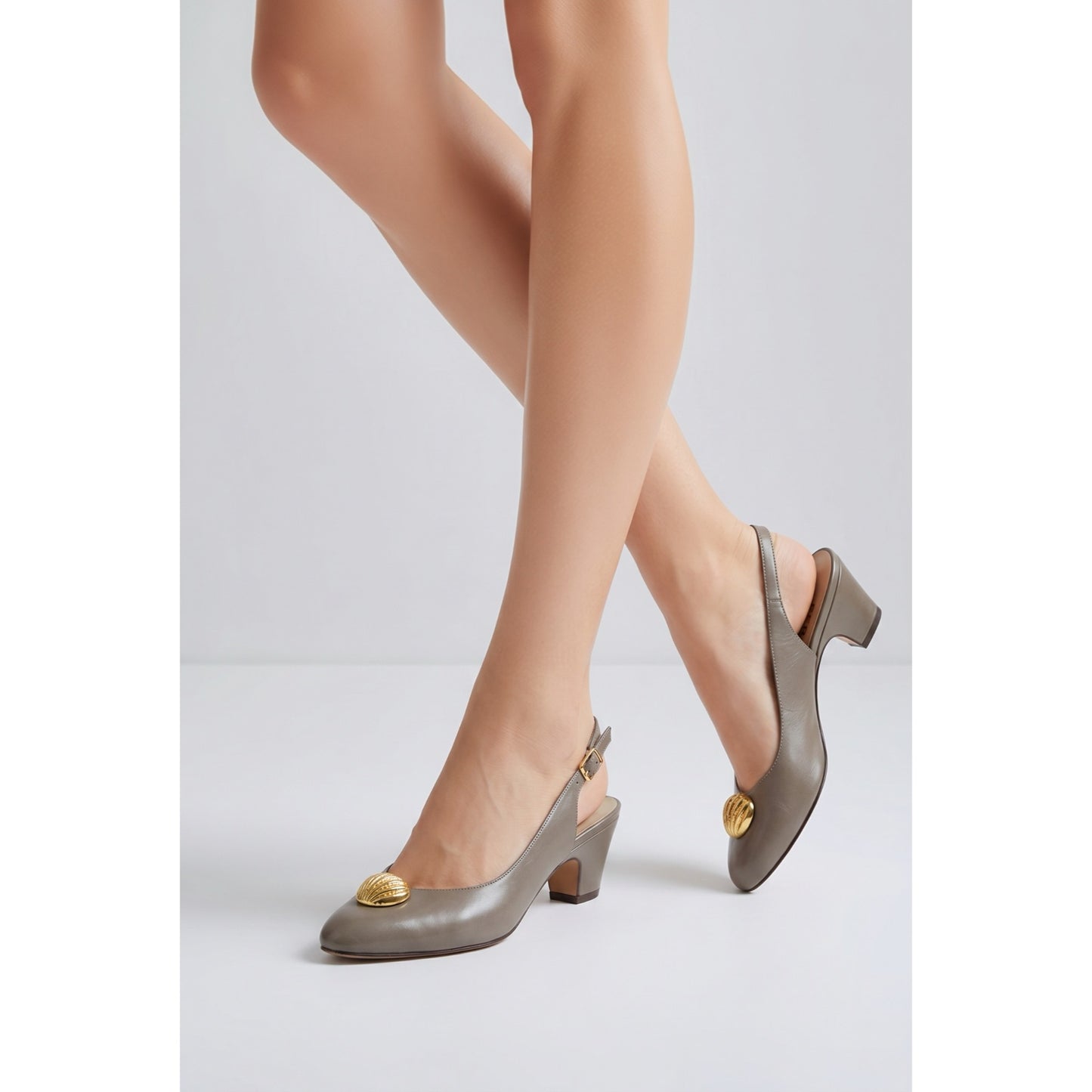 Salvatore Ferragamo Taupe Leather Slingback Heels Gold Medallion Pointed Toe  Z 6.5 B NWOT