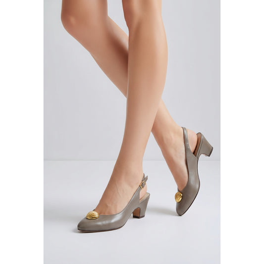 Salvatore Ferragamo Taupe Leather Slingback Heels Gold Medallion Pointed Toe  Z 6.5 B NWOT
