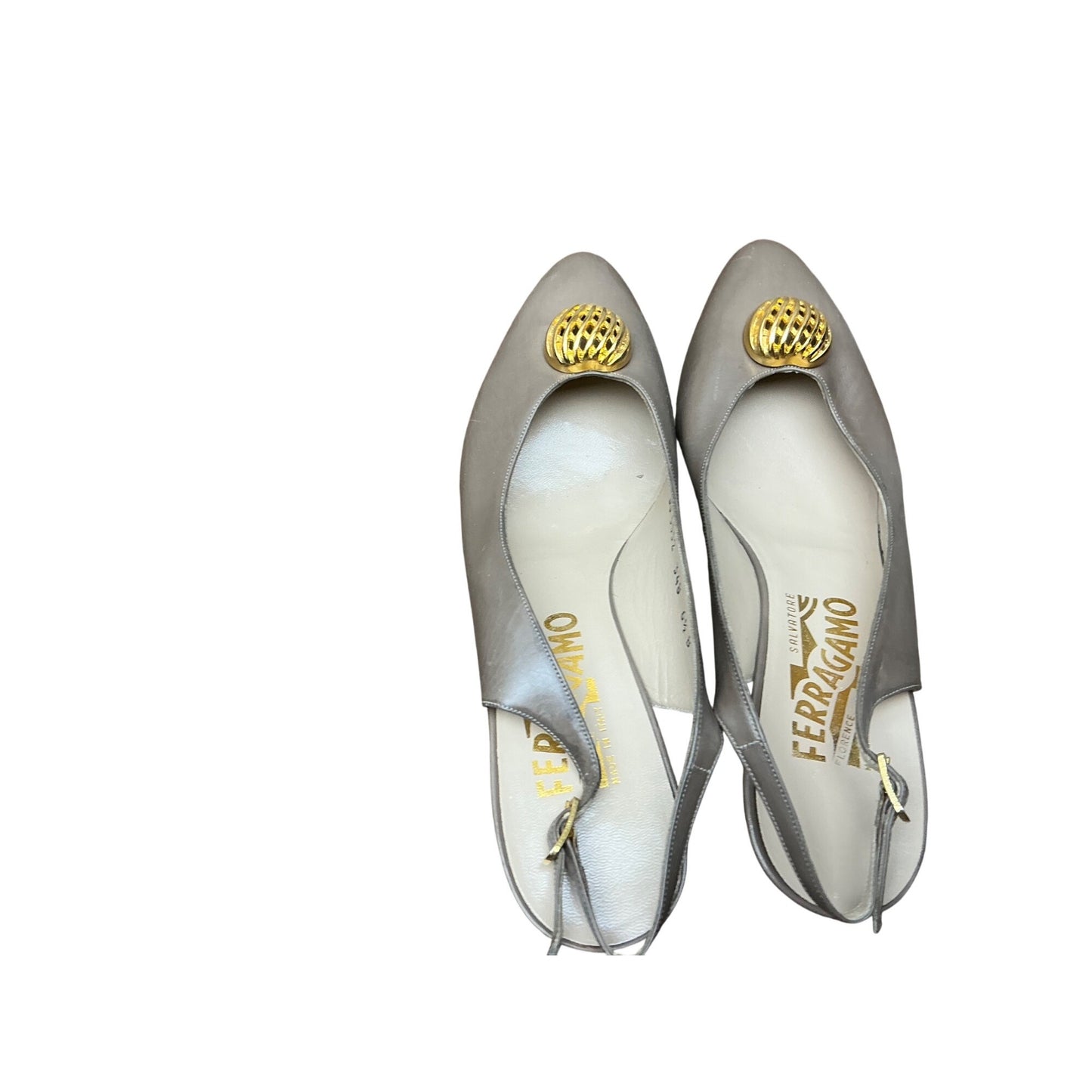 Salvatore Ferragamo Taupe Leather Slingback Heels Gold Medallion Pointed Toe  Z 6.5 B NWOT