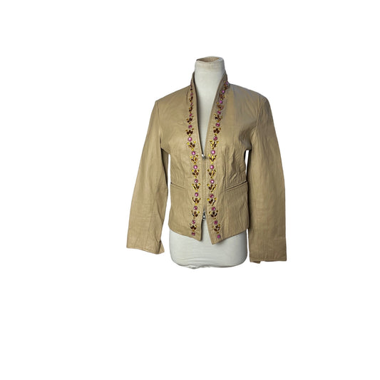 Venus Tan Embellished Linen Blend Open Front Jacket Beaded Floral Trim Women’s Size S