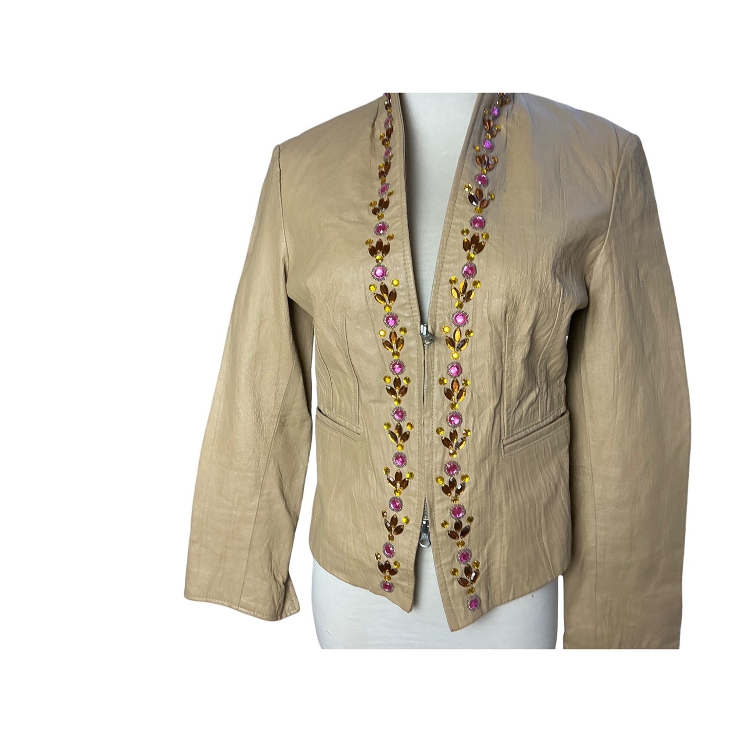 Venus Tan Embellished Linen Blend Open Front Jacket Beaded Floral Trim Women’s Size S