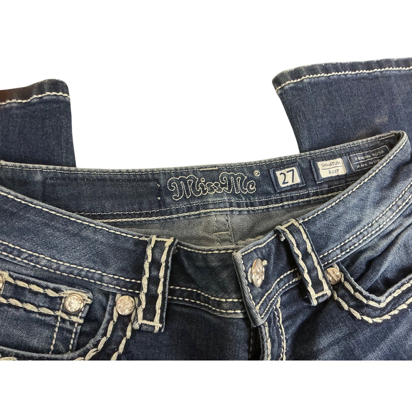 Miss Me Womens Size 27 Signature Bootcut Jeans Dark Wash Distressed Stitching