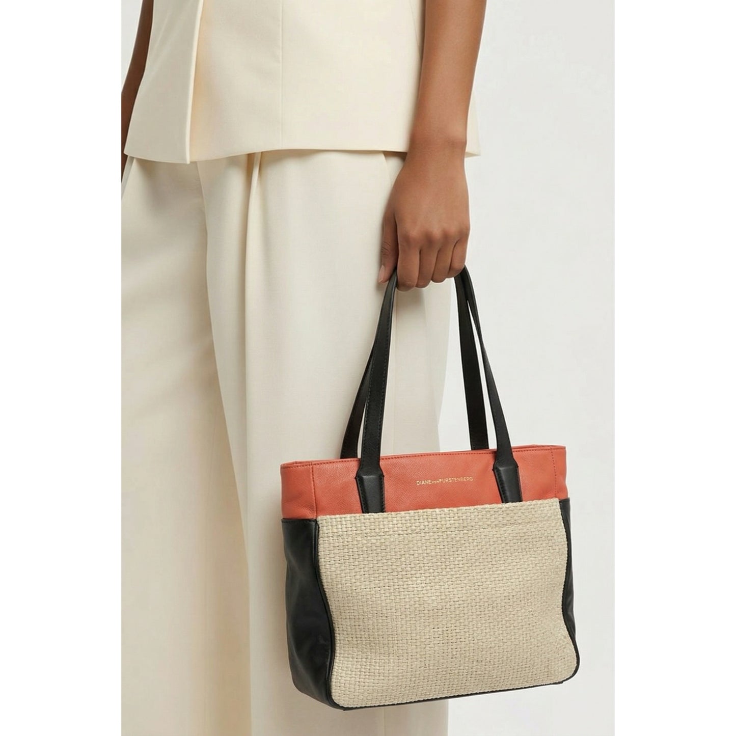 Diane von Furstenberg Woven Tote Bag Leather Trim Canvas DVF Shoulder Bag Neutral