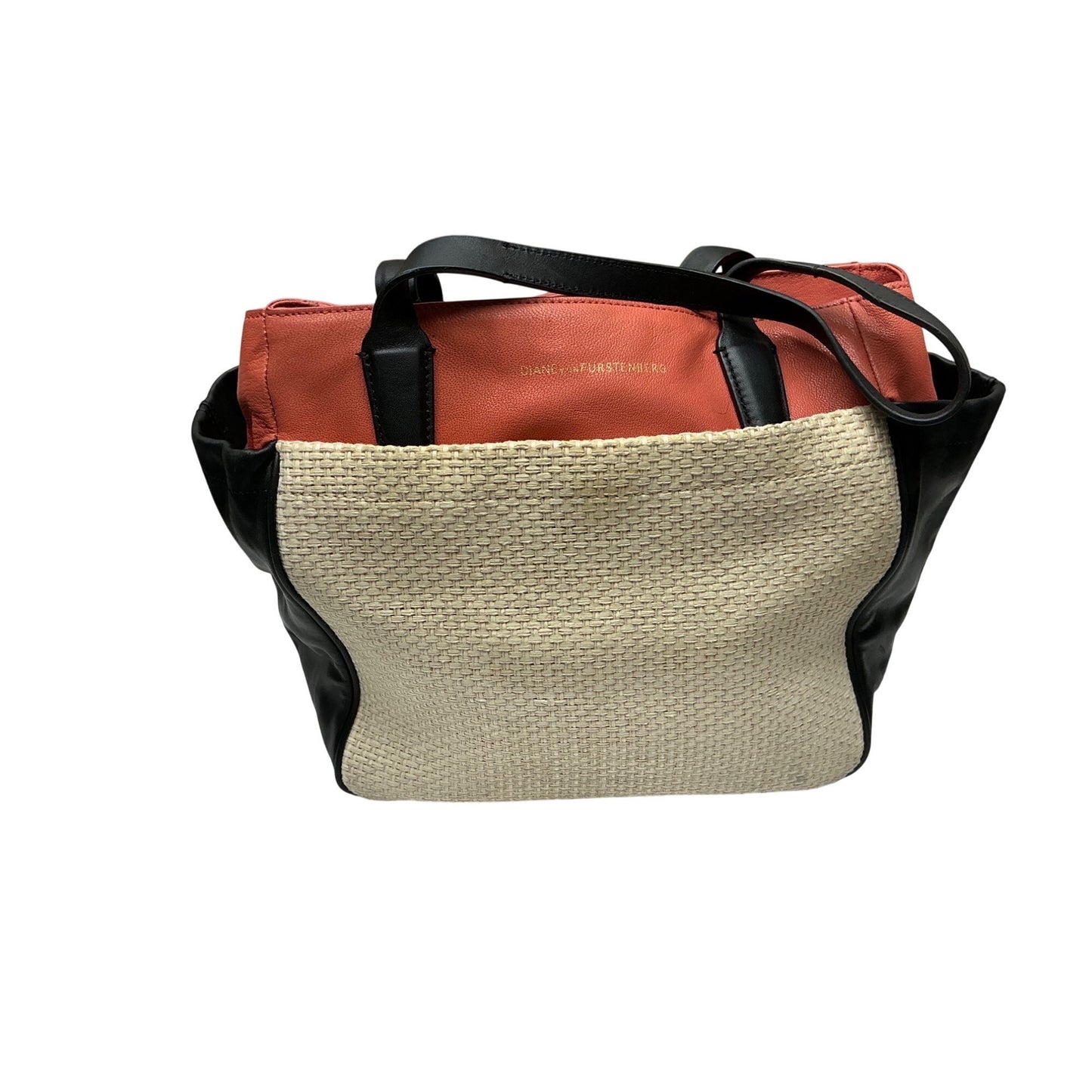 Diane von Furstenberg Woven Tote Bag Leather Trim Canvas DVF Shoulder Bag Neutral