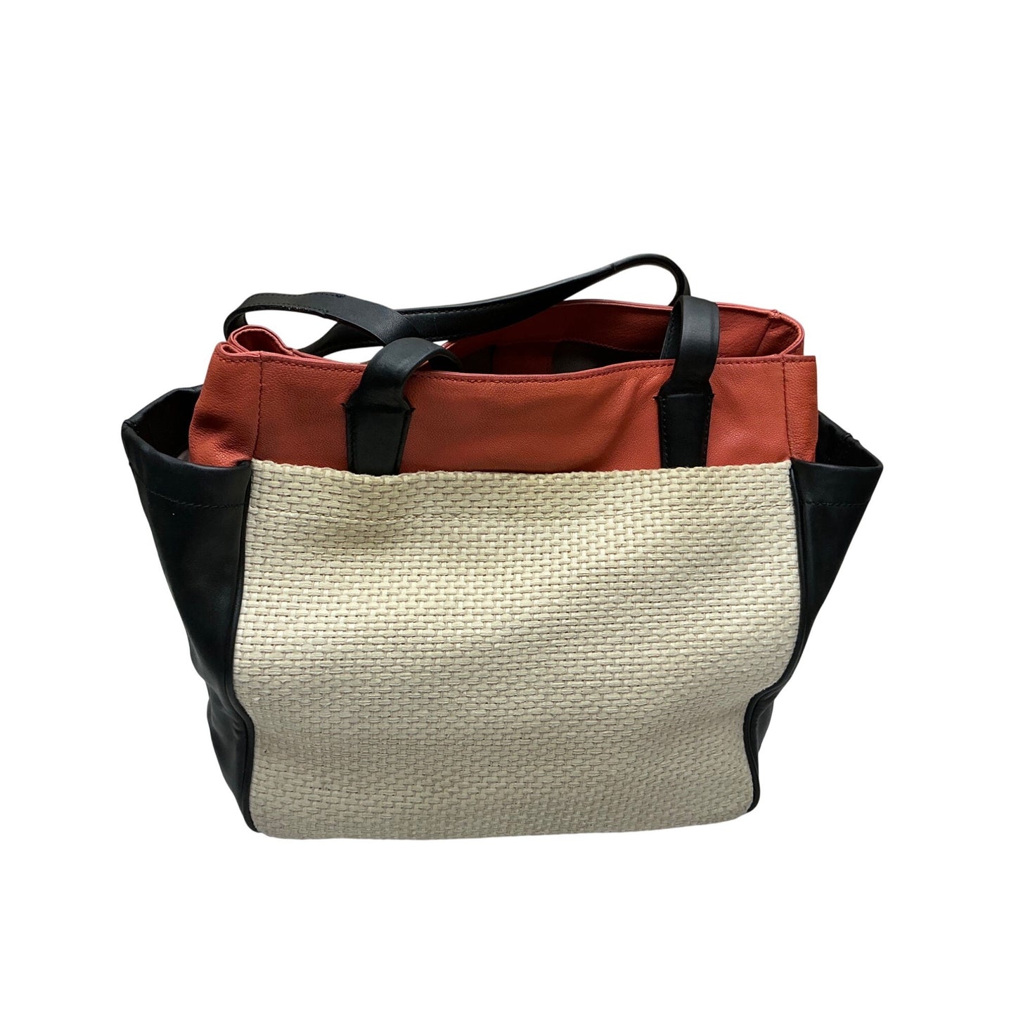 Diane von Furstenberg Woven Tote Bag Leather Trim Canvas DVF Shoulder Bag Neutral