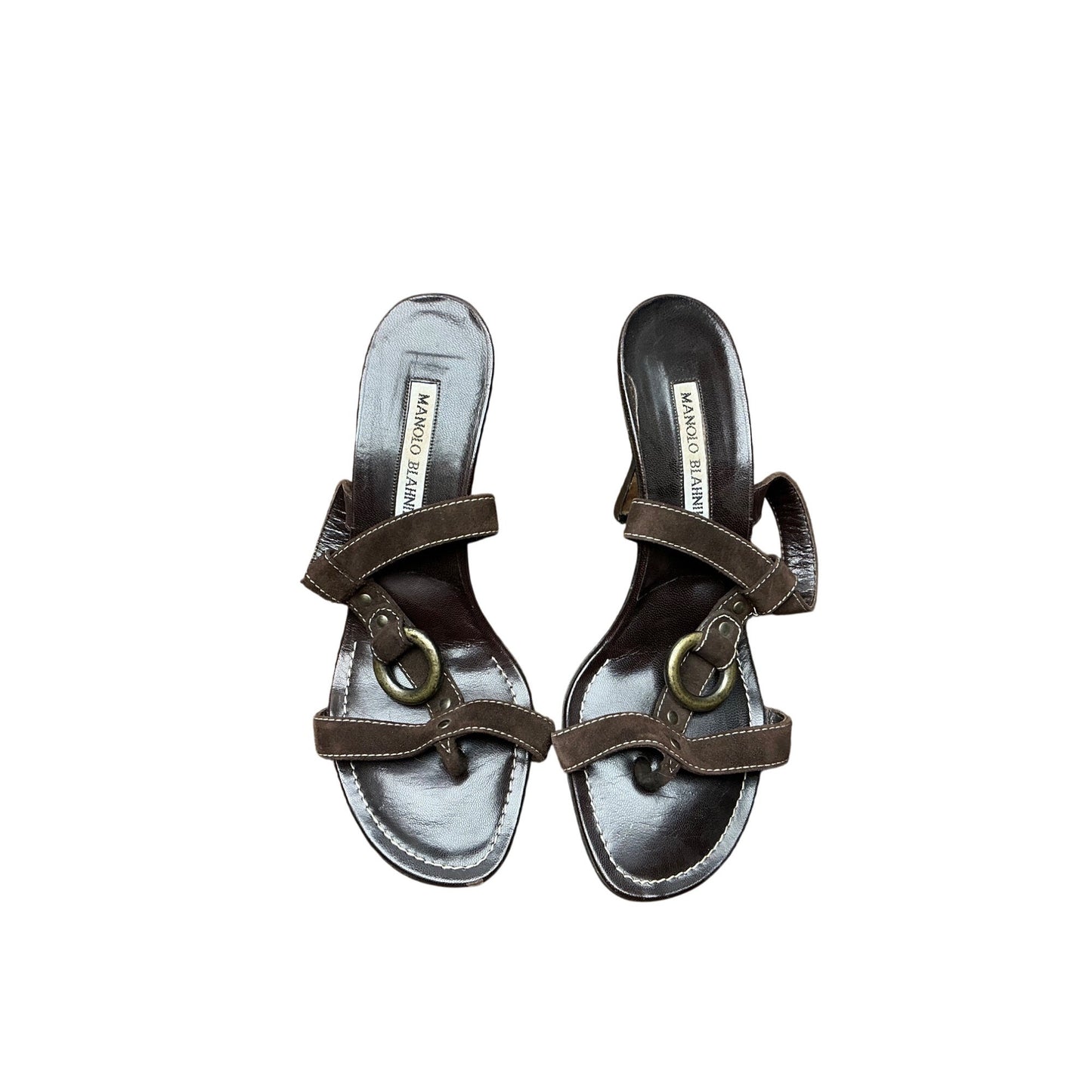 Manolo Blahnik Brown Leather Heeled Slide Sandals Ring Detail High Heel Mules Sz 37.5