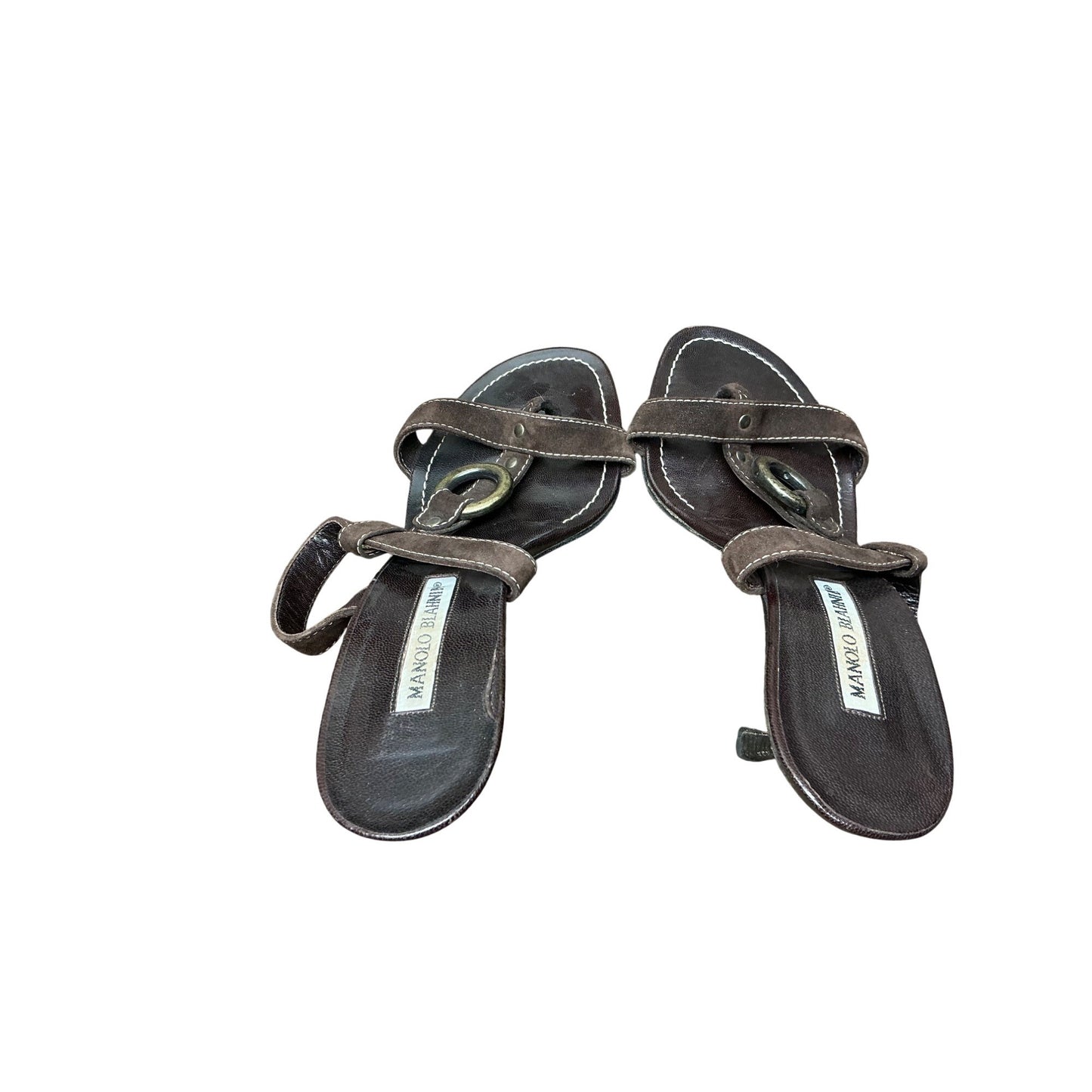 Manolo Blahnik Brown Leather Heeled Slide Sandals Ring Detail High Heel Mules Sz 37.5