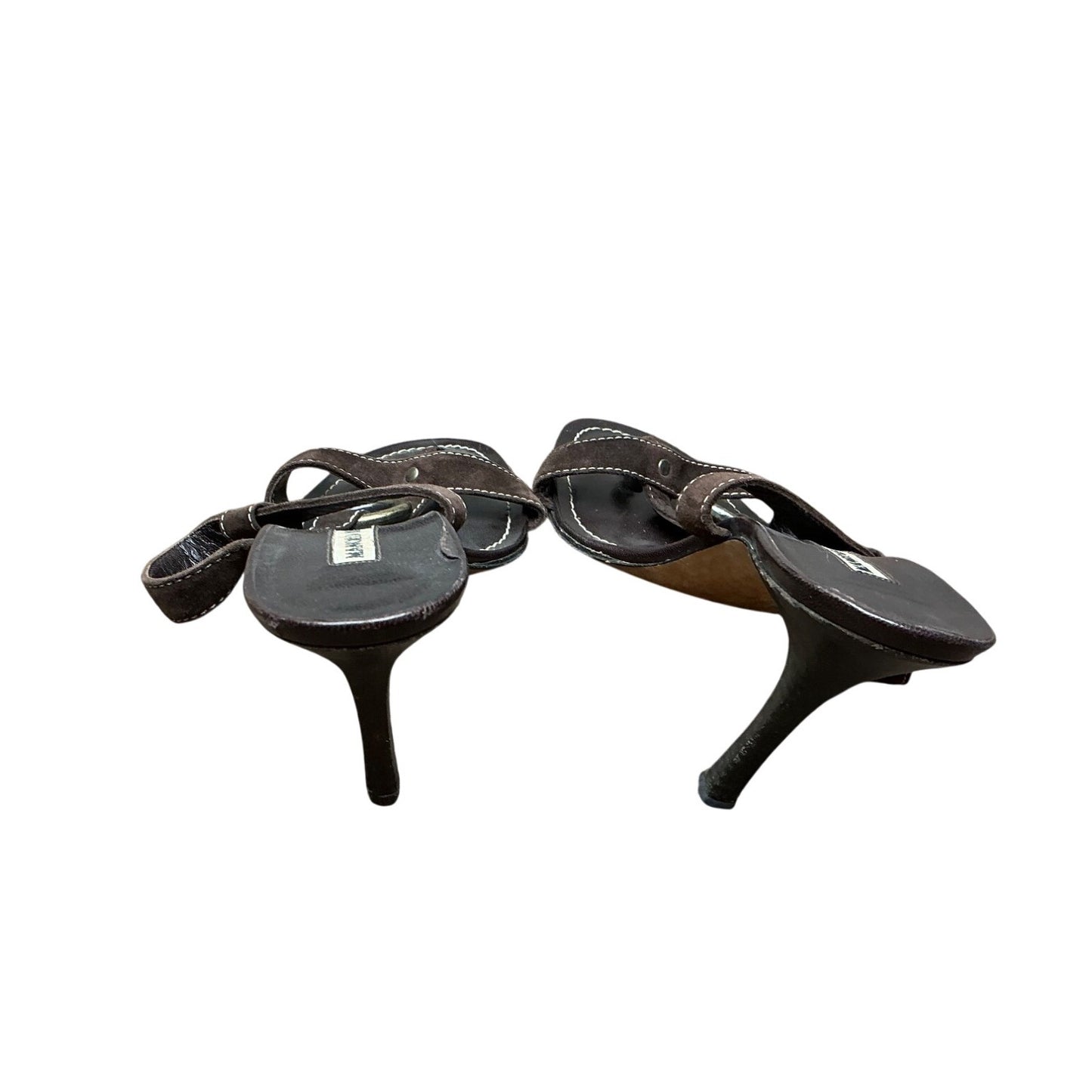 Manolo Blahnik Brown Leather Heeled Slide Sandals Ring Detail High Heel Mules Sz 37.5