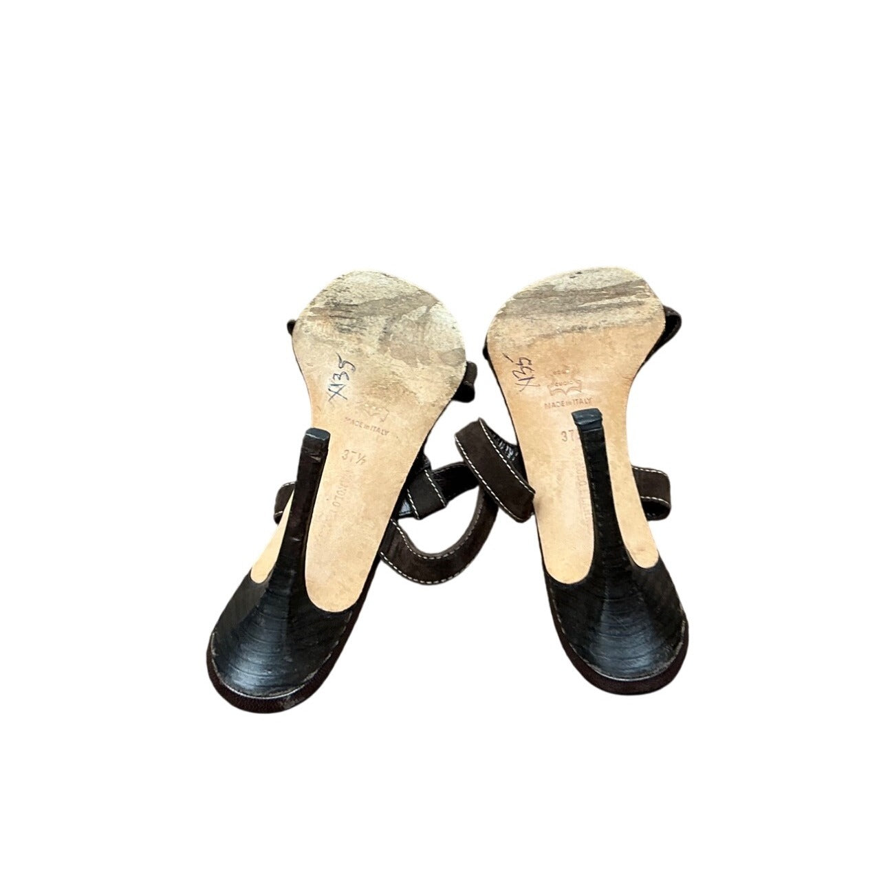Manolo Blahnik Brown Leather Heeled Slide Sandals Ring Detail High Heel Mules Sz 37.5