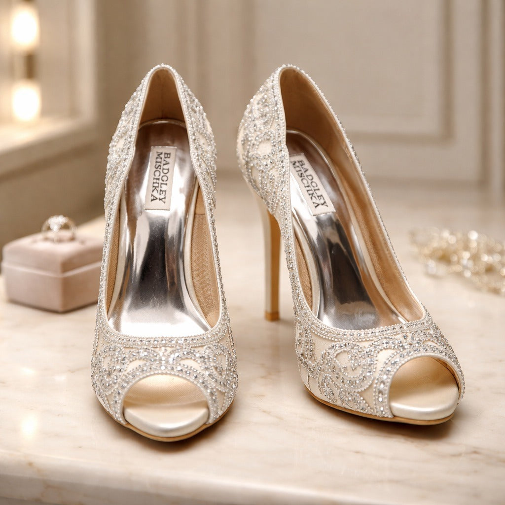 Badgley Mischka Ivory Crystal Embellished Peep Toe Heels Bridal Wedding Pumps