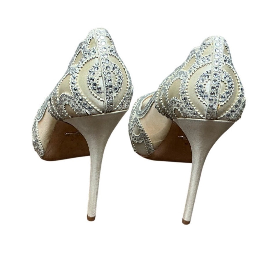 Badgley Mischka Ivory Crystal Embellished Peep Toe Heels Bridal Wedding Pumps