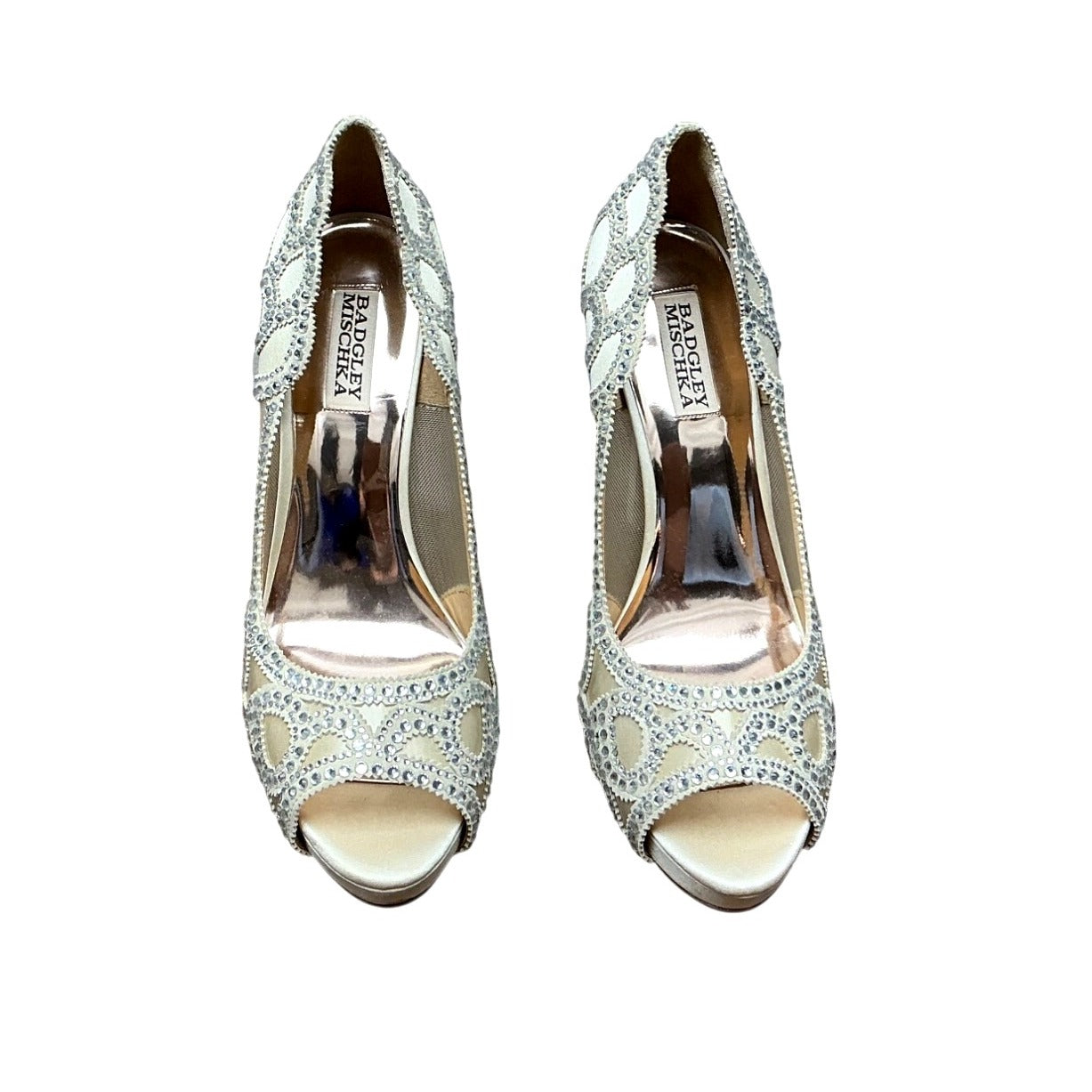 Badgley Mischka Ivory Crystal Embellished Peep Toe Heels Bridal Wedding Pumps