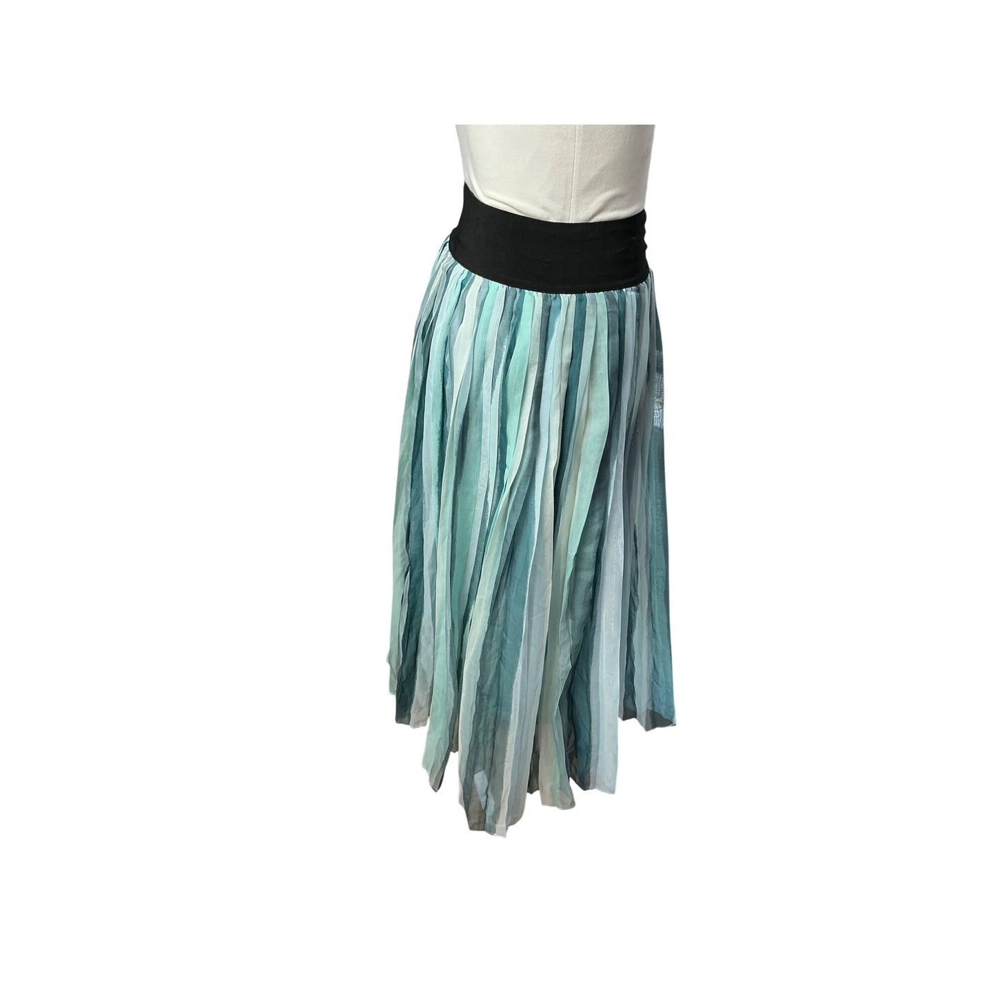 Brittany Humble Brittany Humble Pleated Midi Skirt Blue Green Watercolor Elastic Waist XXS