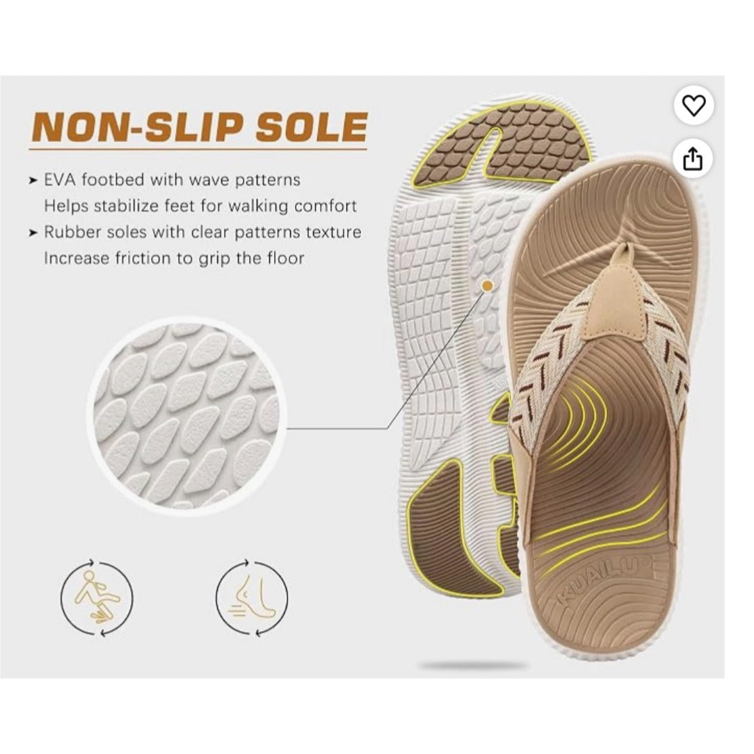 KuaiLu Women’s Orthopedic Arch Support Flip Flop Sandals Beige Tan Size 7