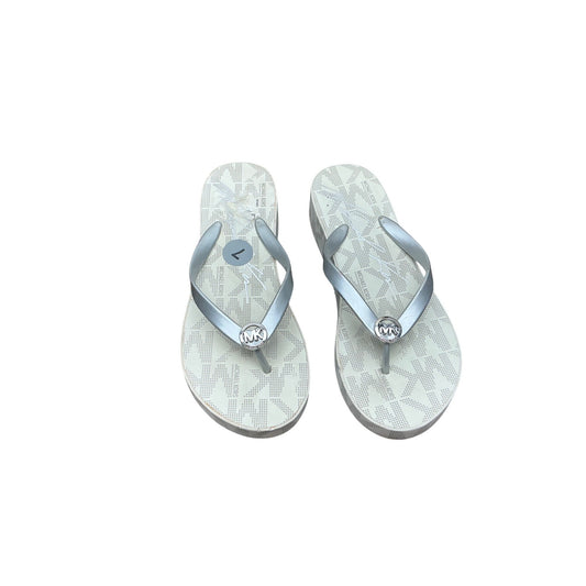 Michael Kors MK Logo Flip Flops White Silver Thong Sandals Size 7
