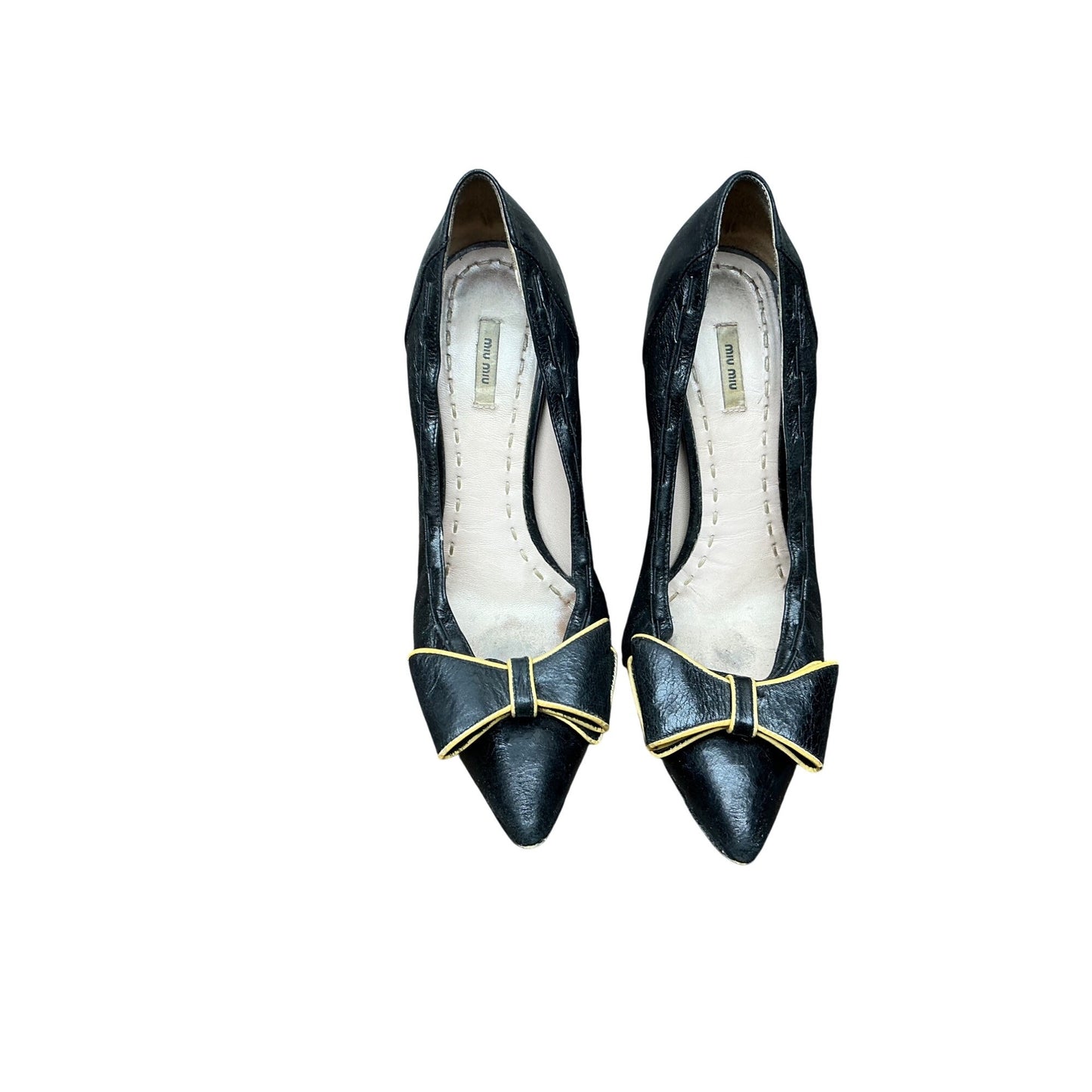 Vintage Miu Miu Black Leather Pointed Toe Bow Heels Y2K Designer Pumps Sz 36.5