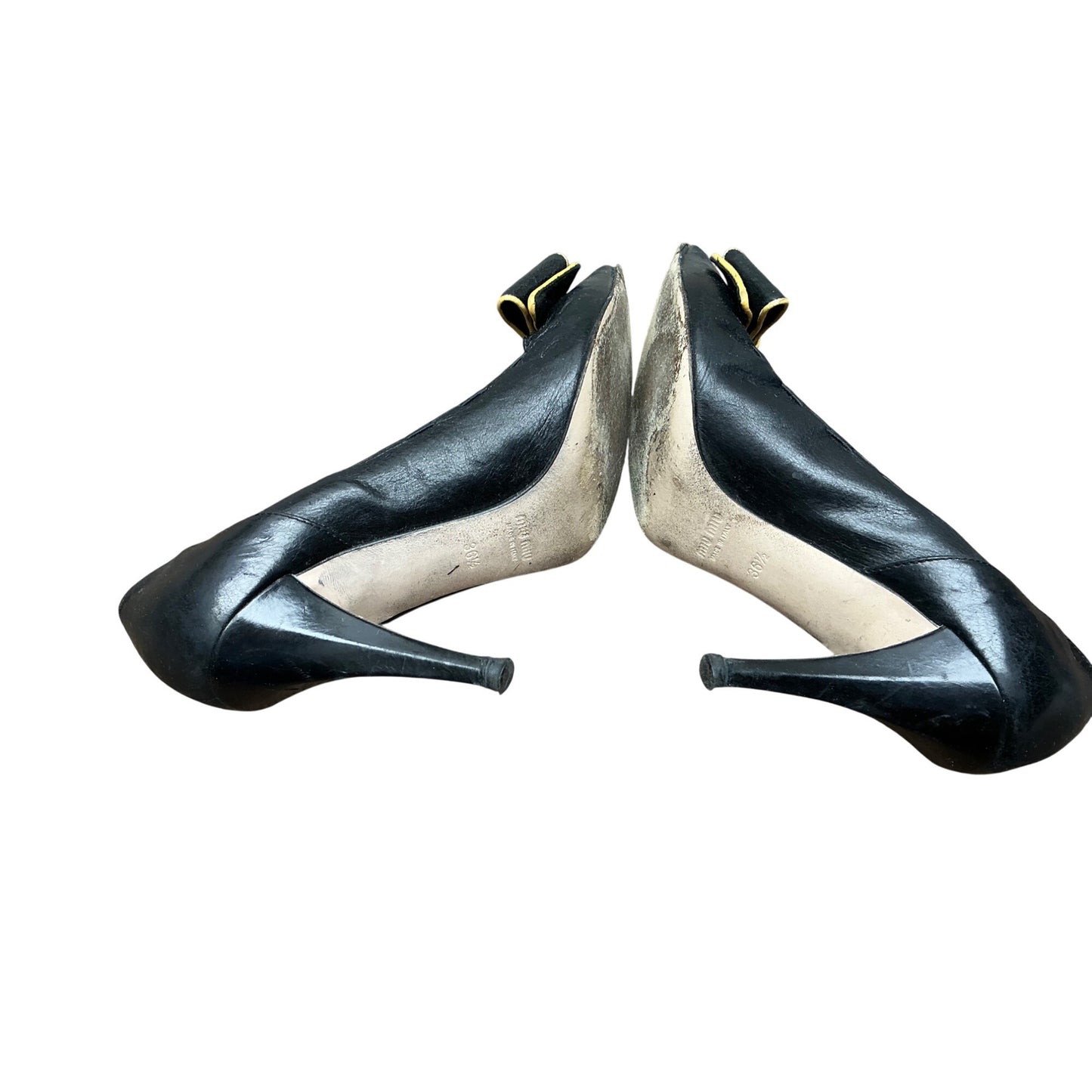Vintage Miu Miu Black Leather Pointed Toe Bow Heels Y2K Designer Pumps Sz 36.5