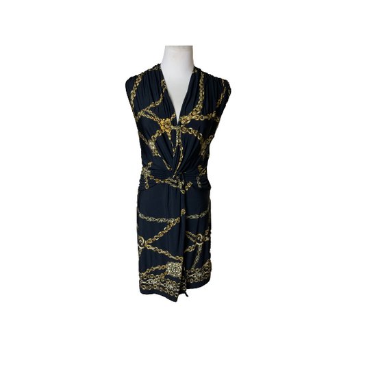 Cache Black & Gold Chain Print Sleeveless Faux Wrap Dress Sz M