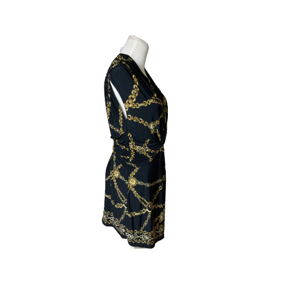 Cache Black & Gold Chain Print Sleeveless Faux Wrap Dress Sz M
