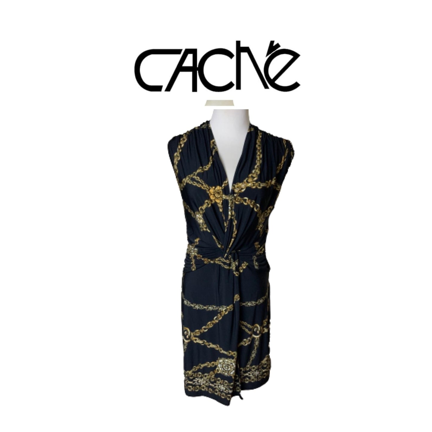 Cache Black & Gold Chain Print Sleeveless Faux Wrap Dress Sz M