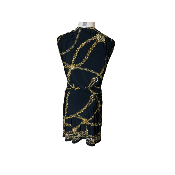 Cache Black & Gold Chain Print Sleeveless Faux Wrap Dress Sz M