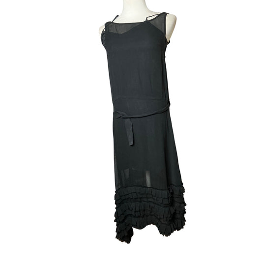 AllSaints Black Sheer Silk Ruffle Hem Midi Dress Slip Layered Boho Gothic Sz 0