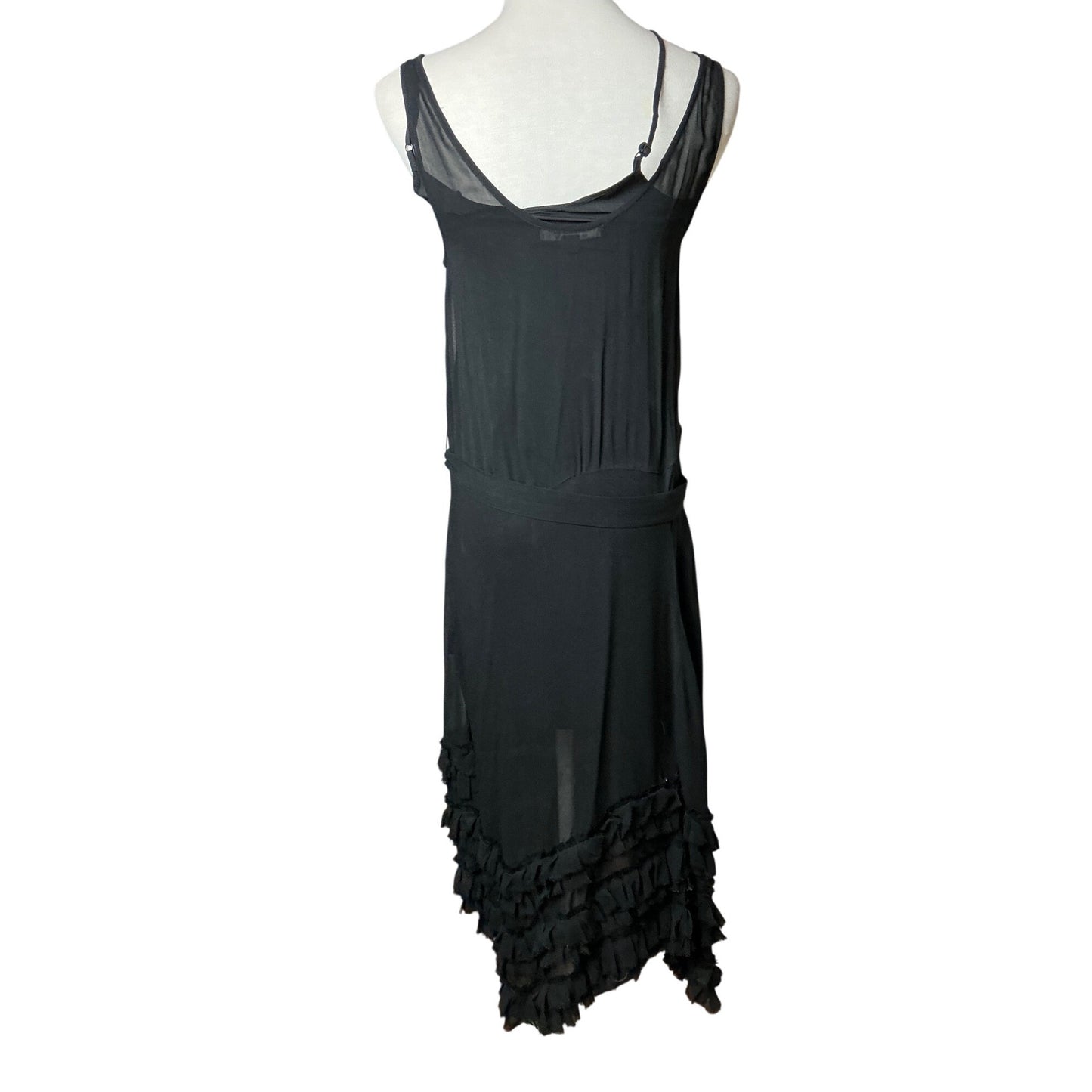 AllSaints Black Sheer Silk Ruffle Hem Midi Dress Slip Layered Boho Gothic Sz 0